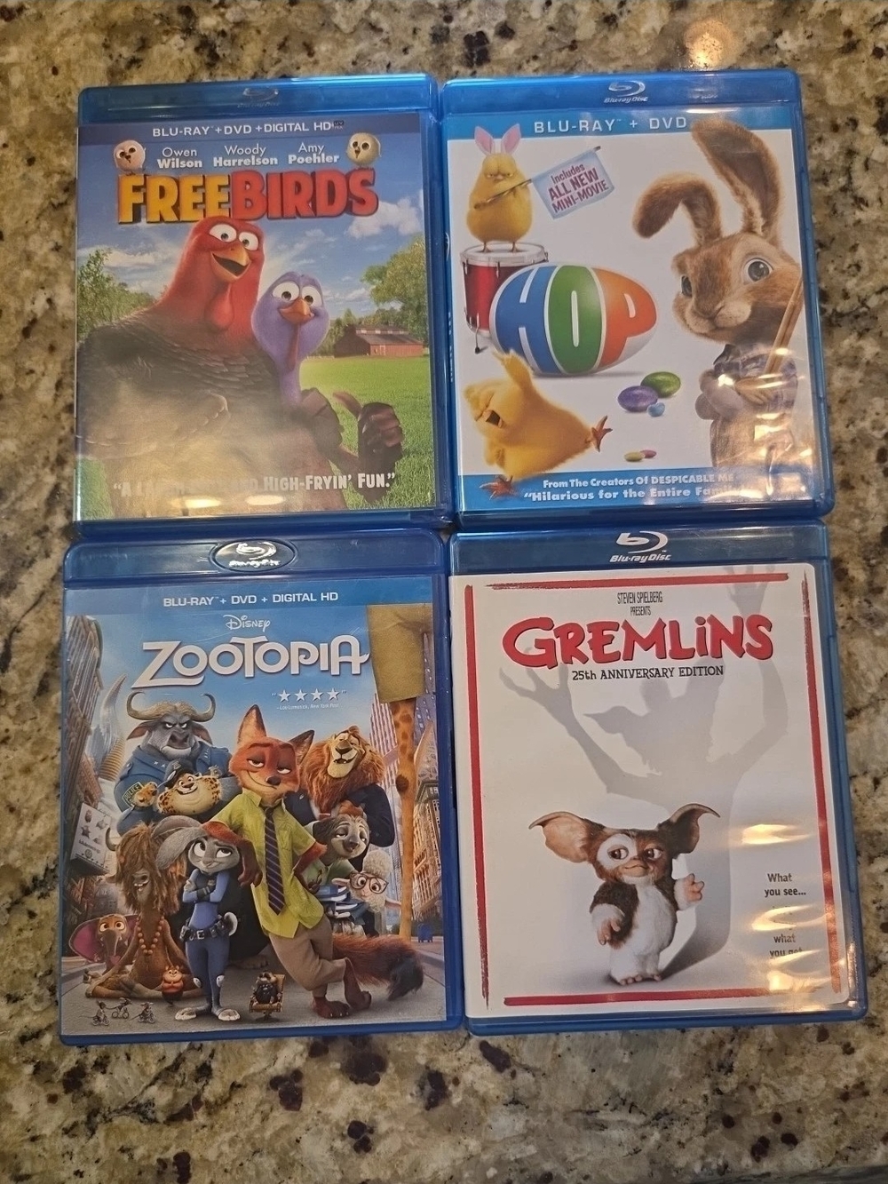 Lot Of 4 Children Kids Blu-ray Movies Hop, Free Birds, Zootopia, Gremlins